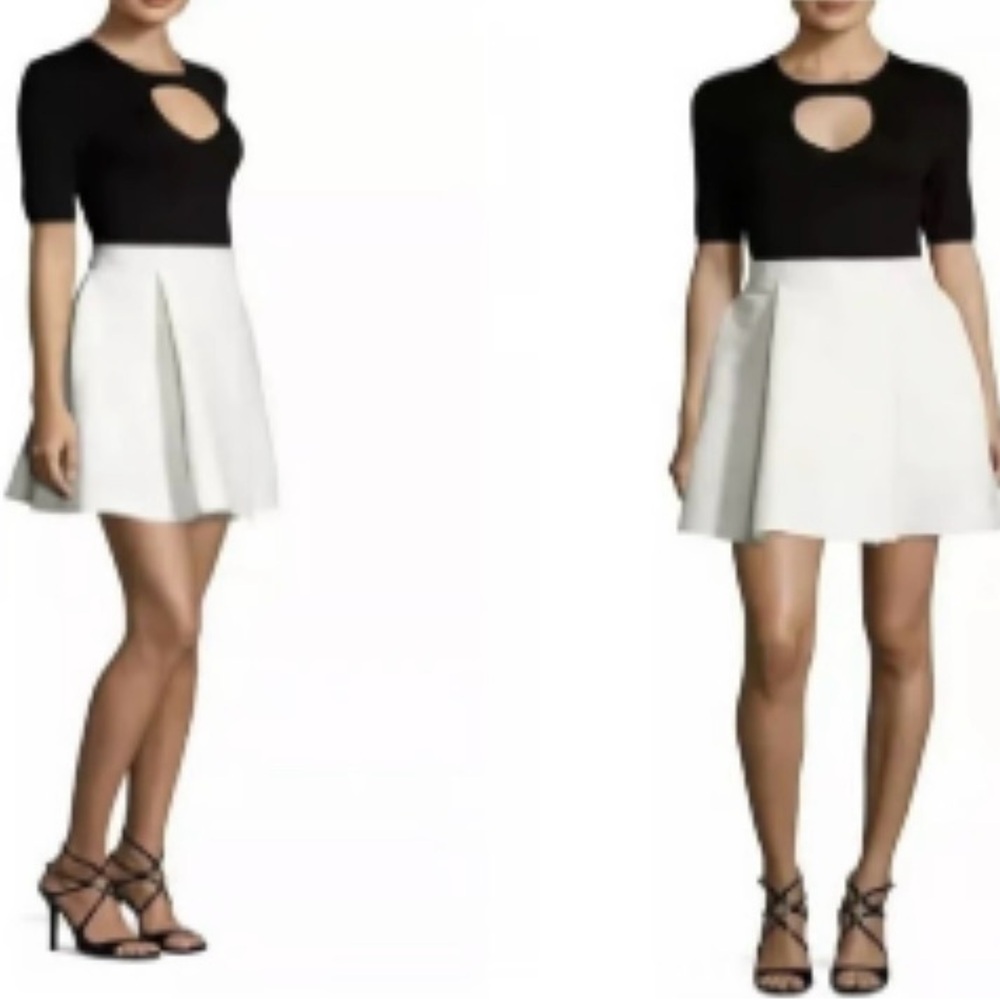 Halston Heritage Fit Flare Pleated Silk Blend Mini Dress Sz 2 Black White